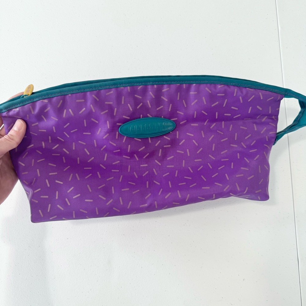 Vintage 80’s/90’s “Contents” Purple and Teal Confetti Retro Travel Makeup Bag
